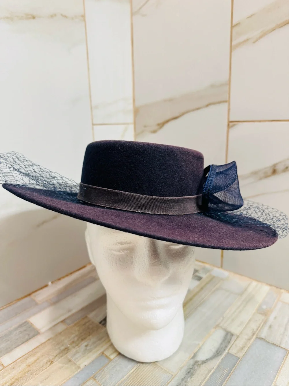 Vintage Bollman Hat Co USA Navy Doeskin Felt Wide Brim Veil Hat Sz 7 Wool